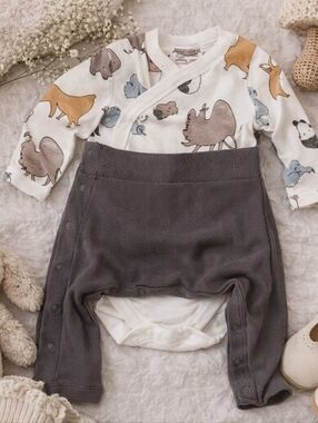 🧸 M&S Marks & Spencer Baby Set | 9–12M | Ribbed Snap Pants + Animal Print Wrap